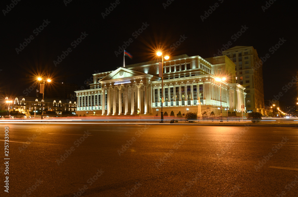 The building of the Supreme Court of the Azerbaijan Republic on Yusif Safarov Street in the evening. Baku.