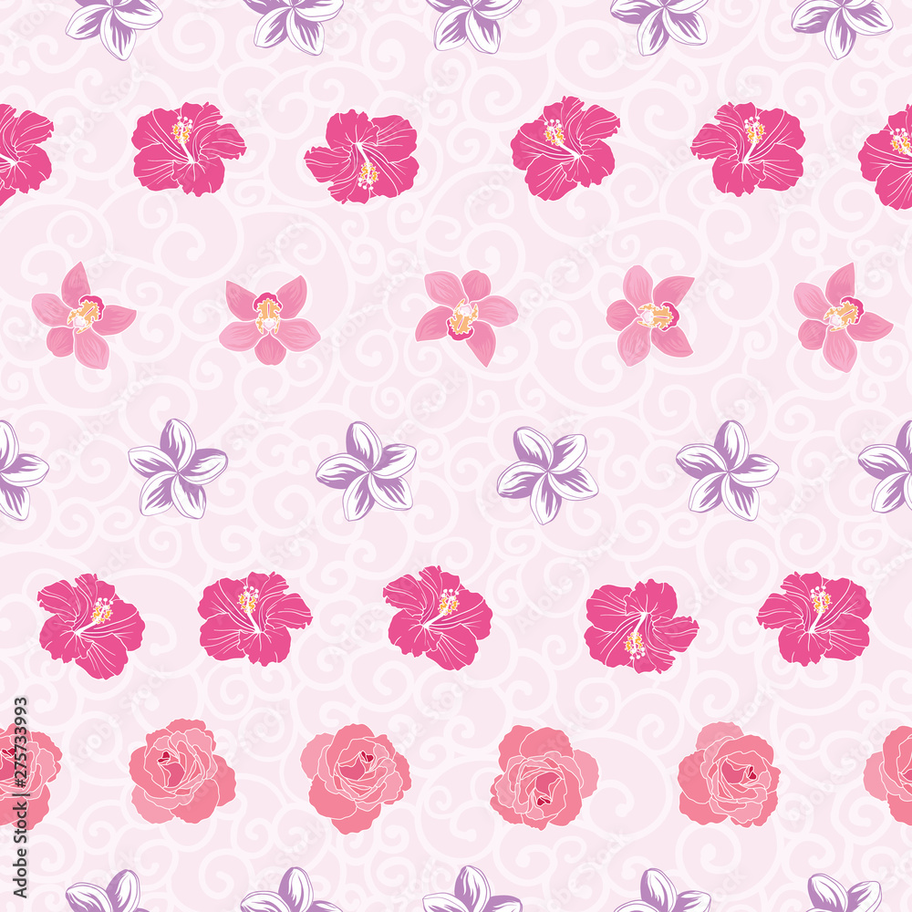Pink tropical flowers stripes repeat pattern print Pink tropical flowers stripes repeat pattern print