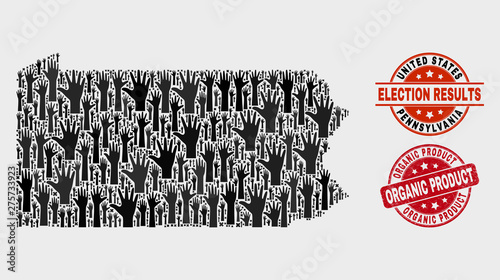 Vote Pennsylvania State map and watermarks. Red rounded Organic Product distress seal. Black Pennsylvania State map mosaic of raised decision hands. Vector combination for election results,