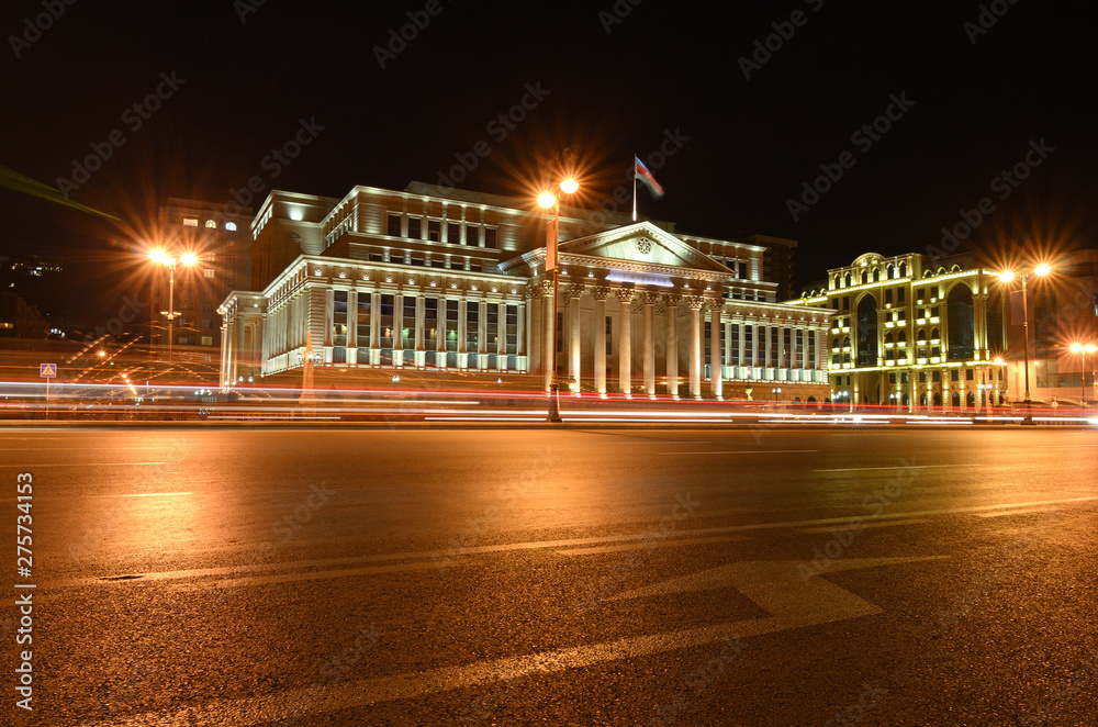 The building of the Supreme Court of the Azerbaijan Republic on Yusif Safarov Street in the evening. Baku.