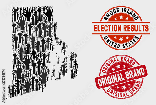 Political Rhode Island State map and seal stamps. Red round Original Brand textured seal. Black Rhode Island State map mosaic of upwards vote hands. Vector collage for election results,