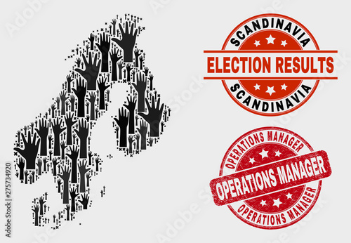 Election Scandinavia map and seal stamps. Red round Operations Manager textured stamp. Black Scandinavia map mosaic of raised up electoral arms. Vector collage for election results,