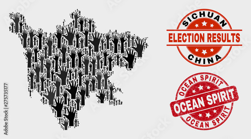 Political Sichuan Province map and seal stamps. Red round Ocean Spirit scratched seal. Black Sichuan Province map mosaic of raised decision arms. Vector collage for referendum results,