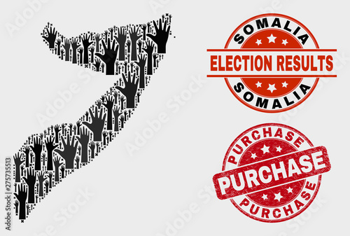 Electoral Somalia map and seal stamps. Red rounded Purchase textured seal stamp. Black Somalia map mosaic of raised referendum arms. Vector combination for ballot results, with Purchase stamp.