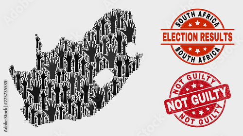 Electoral South African Republic map and seals. Red rounded Not Guilty textured stamp. Black South African Republic map mosaic of upwards electoral hands. Vector composition for referendum results,