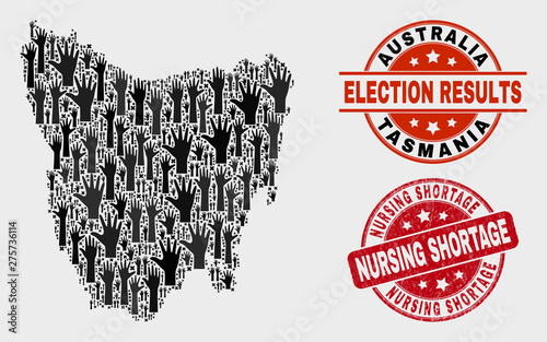 Electoral Tasmania Island map and seals. Red rounded Nursing Shortage textured seal stamp. Black Tasmania Island map mosaic of raised up agree hands. Vector combination for ballot results,