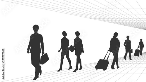 Silhouettes of business men and women walking