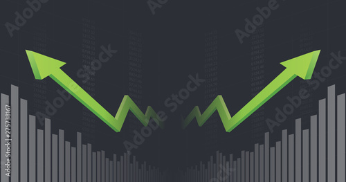 Widescreen Abstract financial graph with uptrend line arrow and bar chart of stock market in black color background