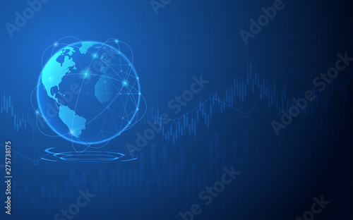 Abstract financial chart in stock market and digital wireframe globe on blue color background