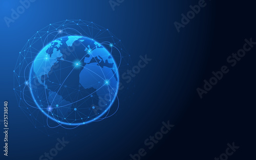Abstract technology with global network connection dots on blue color background