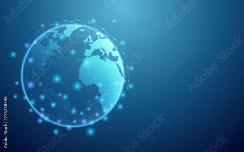 Abstract technology with global network connection dots on blue color background