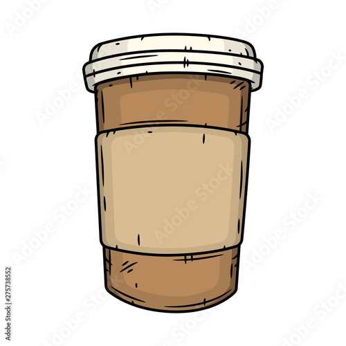 Paper coffee cup on a white background. Cartoon coffee cup.