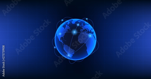 Widescreen Abstract technology with globe network connection on blue color background