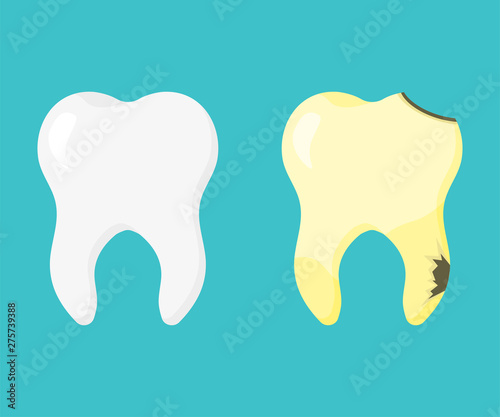 set teeth healthy and sick in flat
