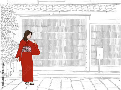 Hand drawn illustration. A geisha stands in front of a beautiful machiya home in Kyoto, Japan. Traditional Japanese kimono and historic architecture.