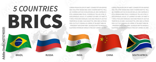 BRICS . Association of 5 countries and flags  and map . Waving flag design . Vector