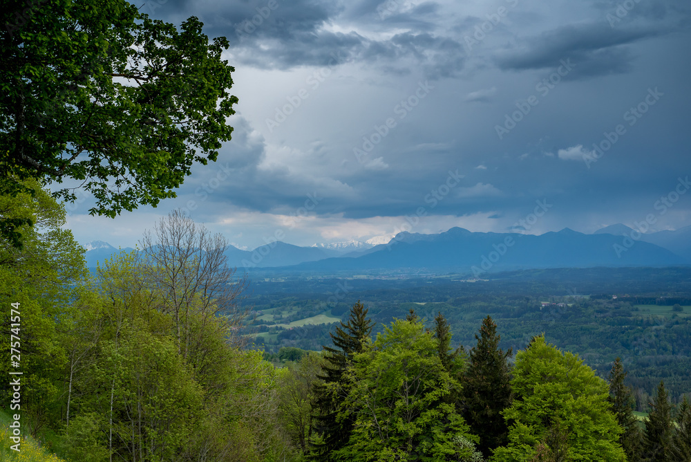 View from Hohenpeissenberg with the Alps in the background and approaching rain