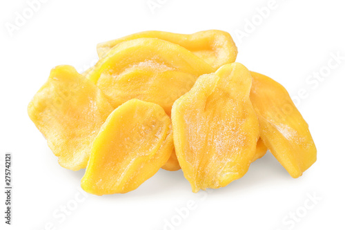 Close up of a pile of dried jackfruit chips isolated on white background. Sugar granules wrap around the dried jackfruit.