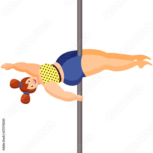 Young plus size woman is dancing Pole dance. Acrobatics on the pole. Body positive.