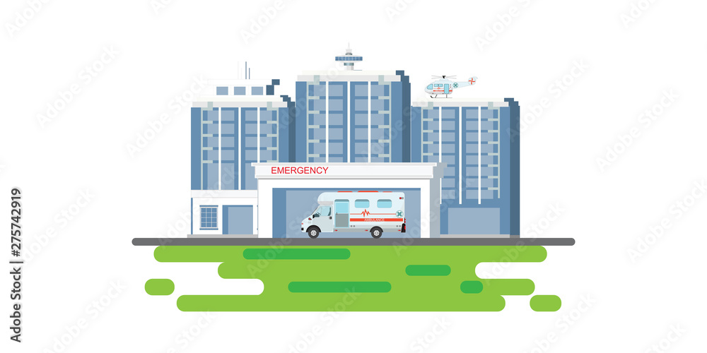 Hospital building with ambulance car and medical emergency chopper helicopter medical  isolated on white.