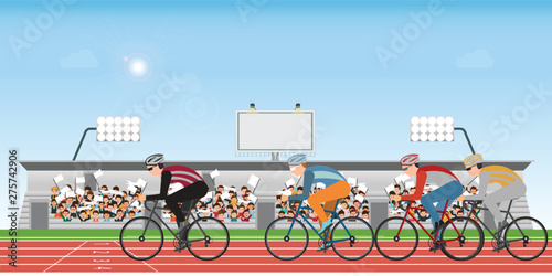 Group of cyclists man in road bicycle racing on athletic track.
