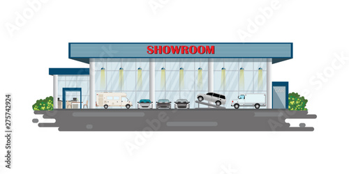 Modern car dealership centre showroom building.