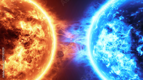 Realistic 3d illustration Fire Planet Vs Frozen Planet. Sun surface with solar flares against Frozen planet isolated on black. Highly realistic sun surface. Fire vs Ice concept.