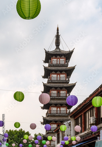 Photography Fahua Tower or Pagoda and colorful lanterns in the old street of Jiading, Shanghai, China