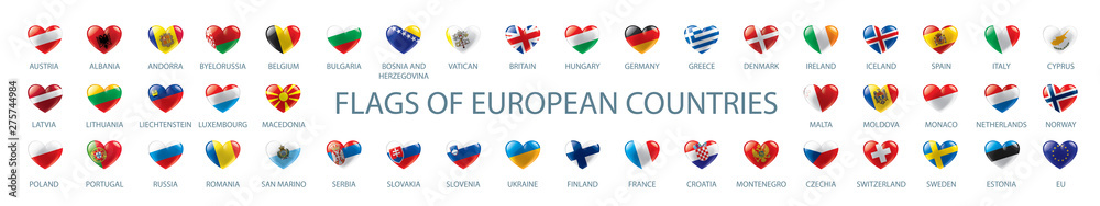 Collection of vector flags of Europe in the form of hearts