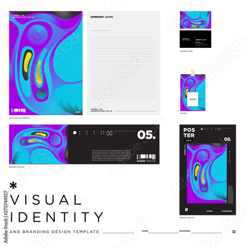 Stationery Corporate Brand Identity Mockup set with Colorful Abstract Fluid Background. Vector Illustration Mock up for Branding, product, event, banner, website.