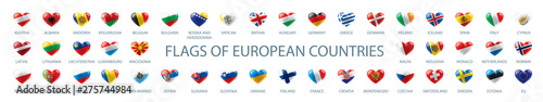Collection of vector flags of Europe in the form of hearts