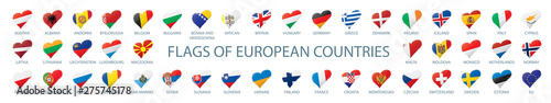 Collection of vector flags of Europe in the form of hearts