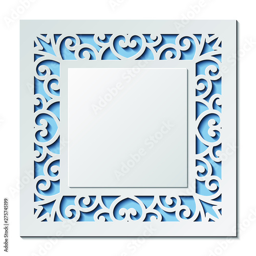 Laser cut template of wedding invitation. Square card with abstract ornament. Vector illustration background. White 3D paper cut silhouette for Valentine's day. Panel for wood carving, diecut pattern.