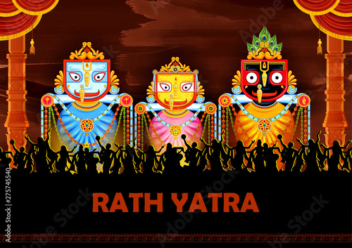 illustration of Lord Jagannath, Balabhadra and Subhadra on annual Rathayatra in Odisha festival background