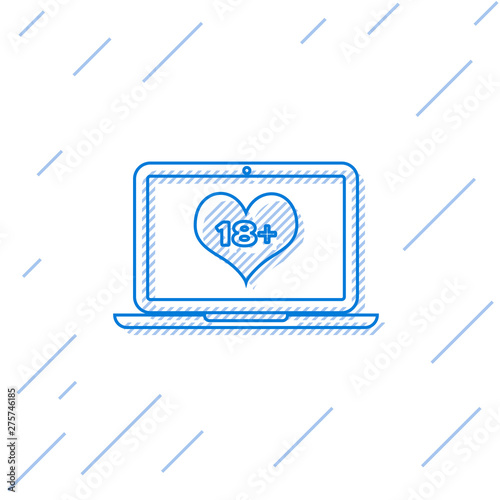 Blue line Laptop computer with 18 plus content heart icon isolated on white background. Age restriction symbol. 18 plus content sign. Adult channel. Vector Illustration
