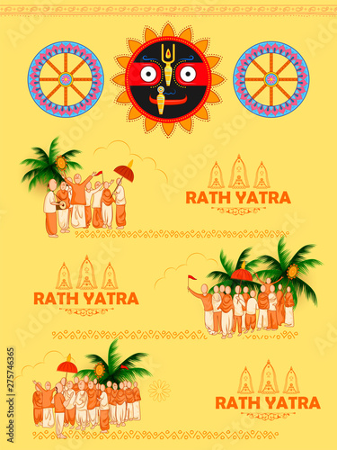 illustration of Lord Jagannath, Balabhadra and Subhadra on annual Rathayatra in Odisha festival background