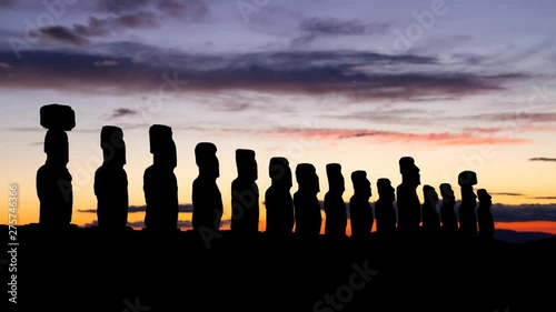 Moai Statues in Easter Island at Tilight, Rapa Nui National Park, Chile