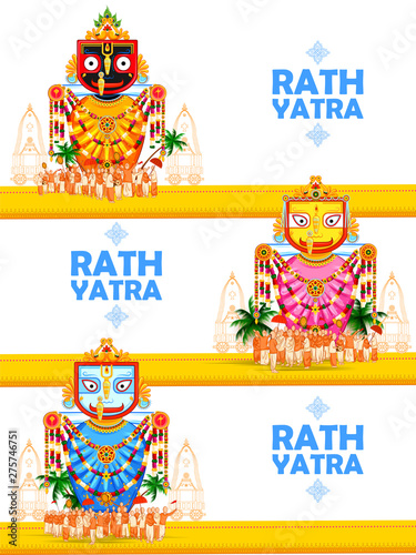 illustration of Lord Jagannath, Balabhadra and Subhadra on annual Rathayatra in Odisha festival background