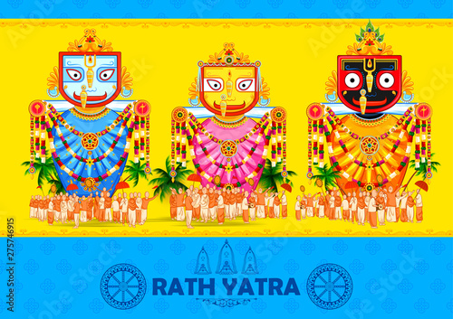 illustration of Lord Jagannath, Balabhadra and Subhadra on annual Rathayatra in Odisha festival background