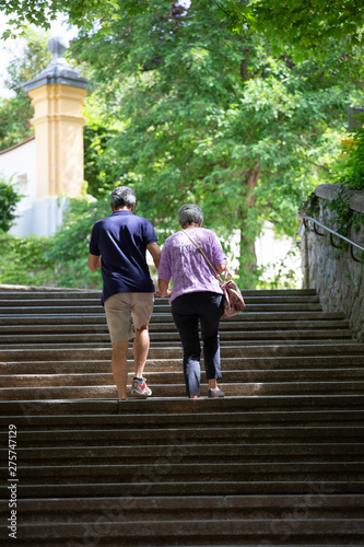 Retirees holding hands and enjoying spring weather sightseeing in the Austrian Countryside © Paul