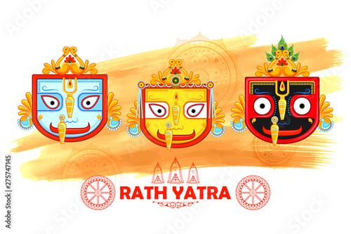 illustration of Lord Jagannath, Balabhadra and Subhadra on annual Rathayatra in Odisha festival background