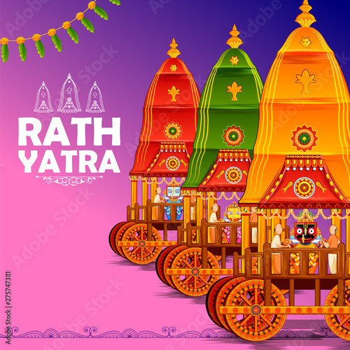 illustration of Lord Jagannath, Balabhadra and Subhadra on annual Rathayatra in Odisha festival background