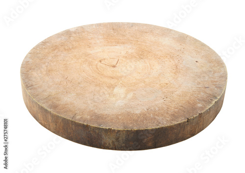 Round old grunge wooden cutting board isolated