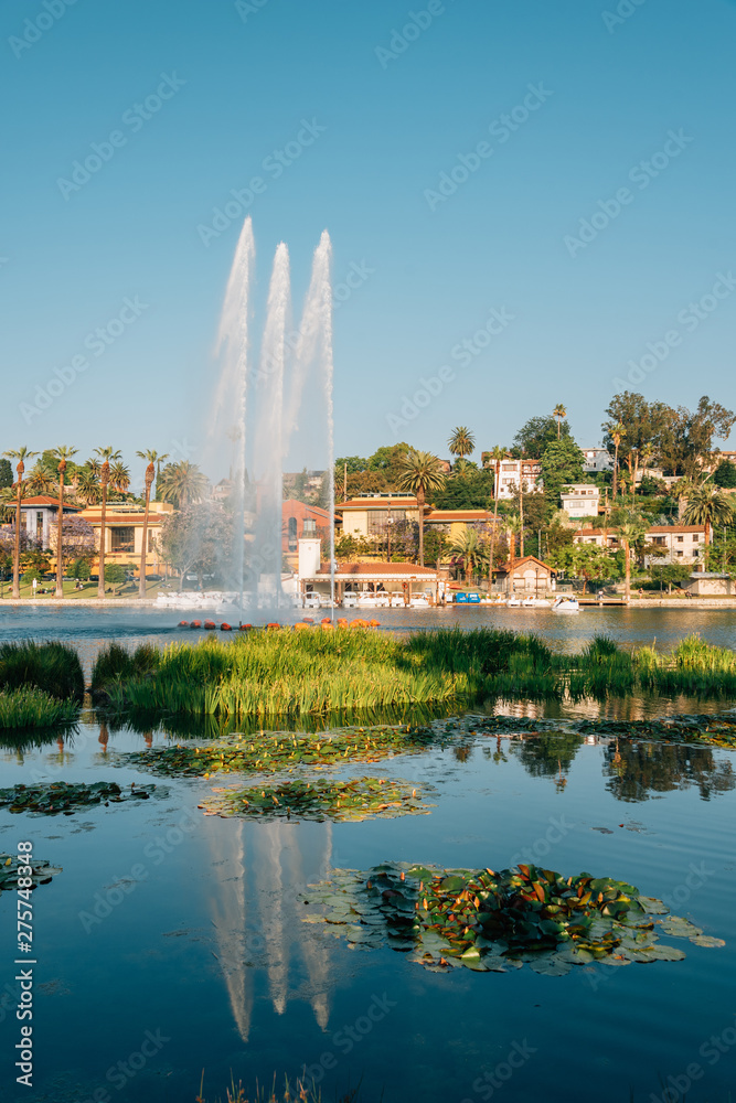 Fountain in the lake at Echo Park in Los Angeles, California
