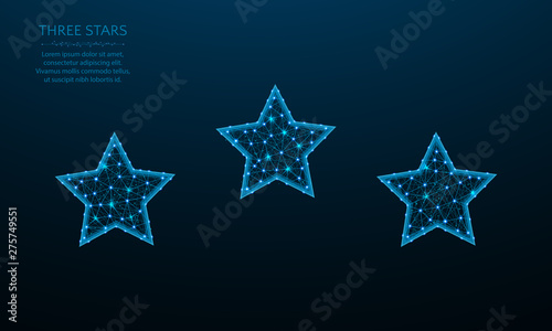 Three stars low poly design, Rating sign in polygonal style, favorite vector illustration on dark blue background.