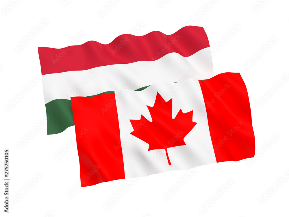 National fabric flags of Hungary and Canada isolated on white background. 3d rendering illustration. 1 to 2 proportion. National fabric flags of Hungary and Canada isolated on white background. 3d rendering illustration. 1 to 2 proportion.