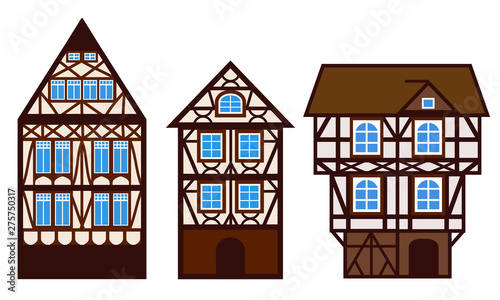 House decorated in style half-timbered framework. Silhouette of old european mansions. Stylized facades of old buildings. Vector rural house. Template of isolated ancient building.