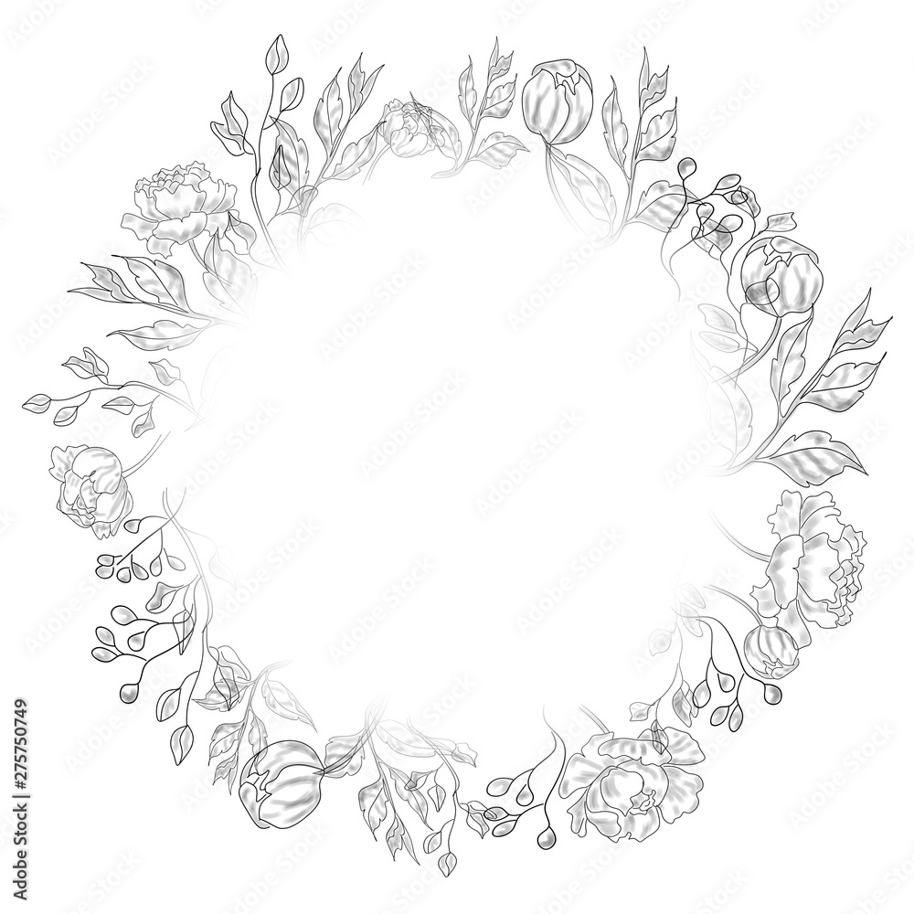 Elegant frame of flowers black and white. Beautiful outlines of peonies and stems with leaves. Suitable for invitations.