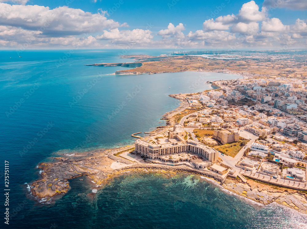 City Marsaskala Malta summer harbour water mediterranean sea blue. Aerial top view - obrazy, fototapety, plakaty 