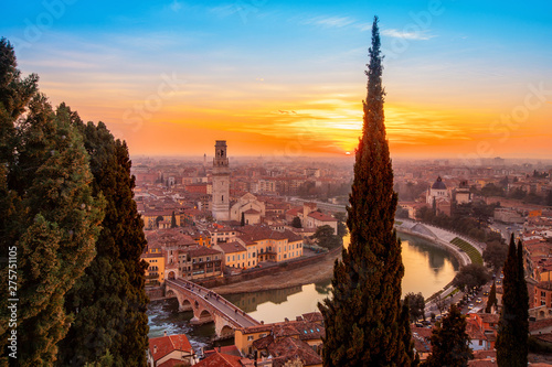 Beautiful aerial view panorama Verona sunset from Castel San Pietro, Veneto region, Italy photo